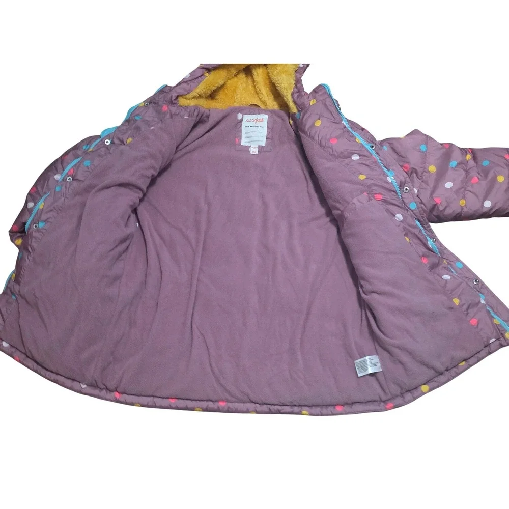 Cat & Jack Kids Purple Polka Dot Puffer Jacket Hooded Faux Fur Lining XXL 16/18